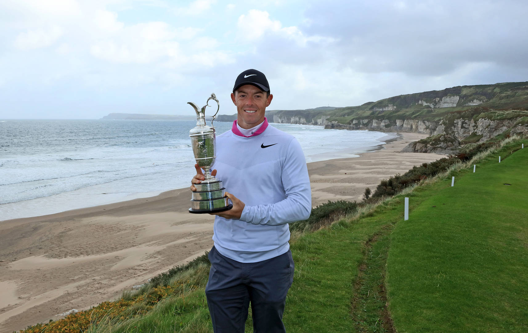 Rory McIlroy holds the Claret Jug on-course at Royal Portrush